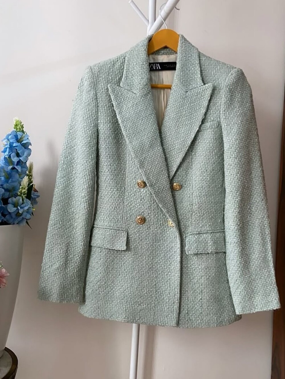 Zara Mint Green Double-Breasted Tweed Blazer